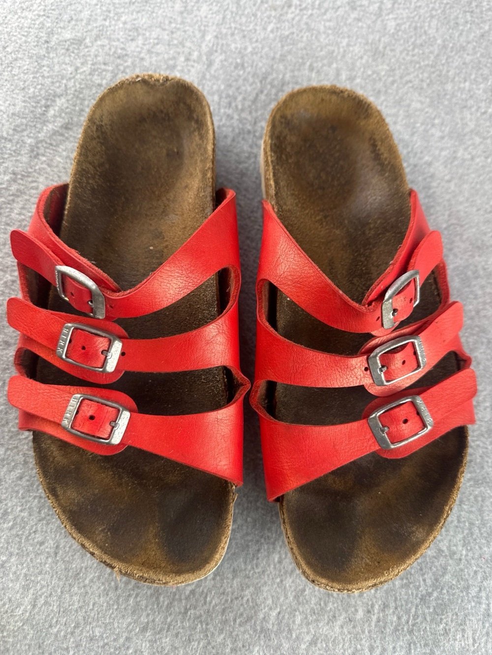 BIRKENSTOCK Florida Red Leather Triple Buckle Straps Cork Slide Sandals Size 37